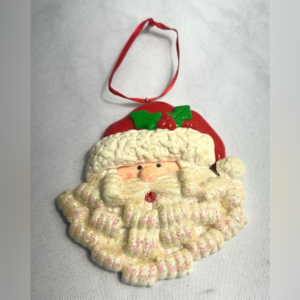 Santa Claus Set of Two Vintage Ornaments Resin w/ Red Ribbon